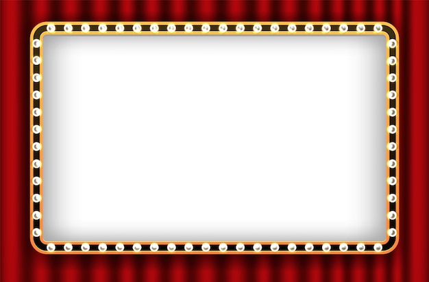 Vector retro theater sign mockup light bulb frame on red curtain background