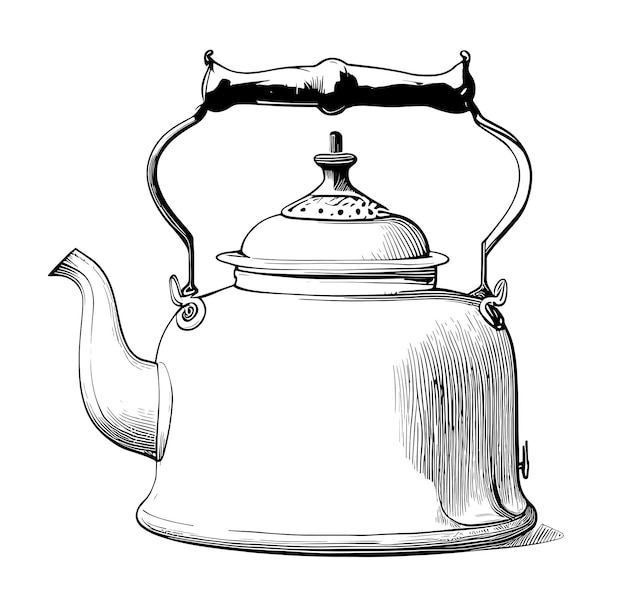 Retro theepot schets hand getekend zijaanzicht, gravure stijl vectorillustratie