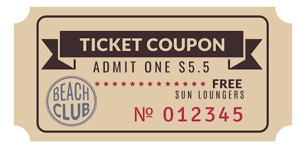 Vector retro ticket template vintage coupon admit pass isolated on white background