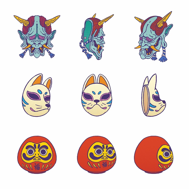 Vector retro traditional demon, kitsune, daruma japanese mask. isolated vector illustration.