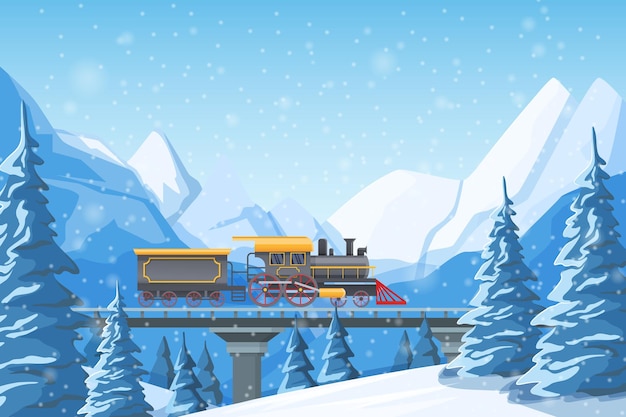 Retro train traveling by rail, on bridge, among mountains, snow-covered hills, winter forest pines