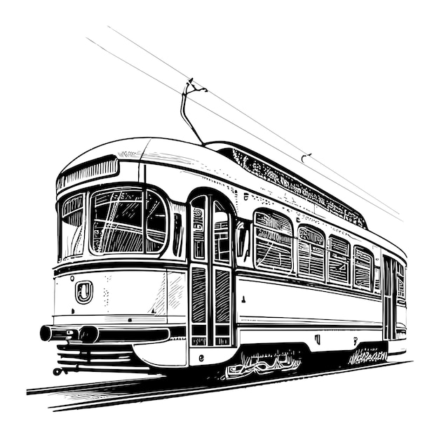 Retro tram hand getrokken schets illustratie