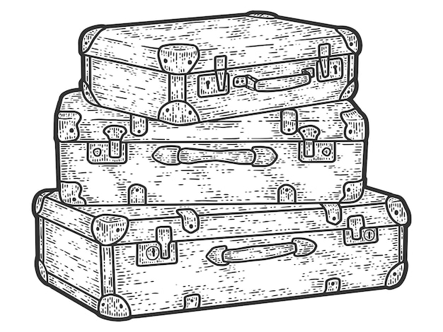 Retro travel suitcases stacked on top of each other sketch scratch board imitation