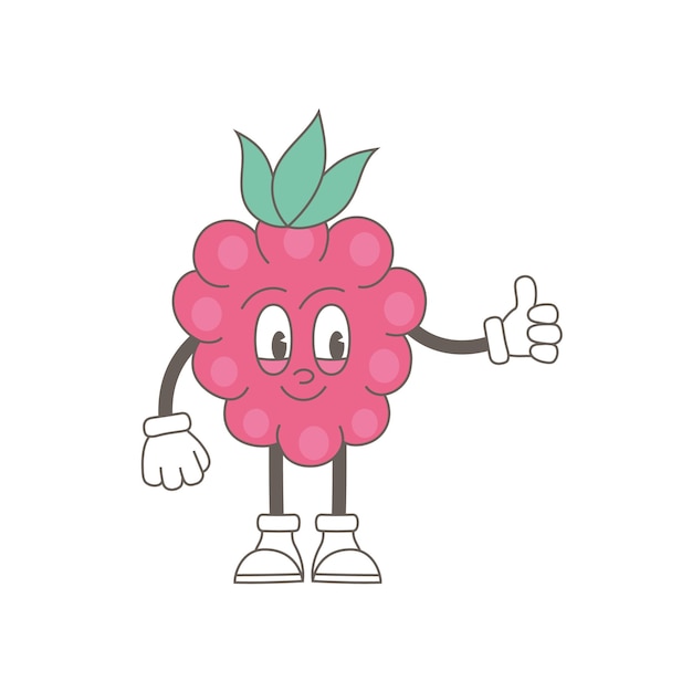 Retro trendy cartoon fruit characters Modern cute comic mascot of raspberry