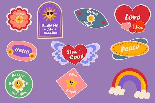 Retro Trendy Emotion Stickers Set Colorful retro cartoon label shape set