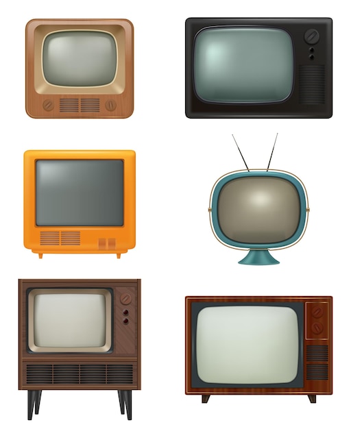 Vector retro tv household items of 80s style realistic electronic tv set news entertainment media movies decent vector pictures set