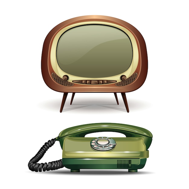 Retro tv and vintage dial telephone. set of realistic