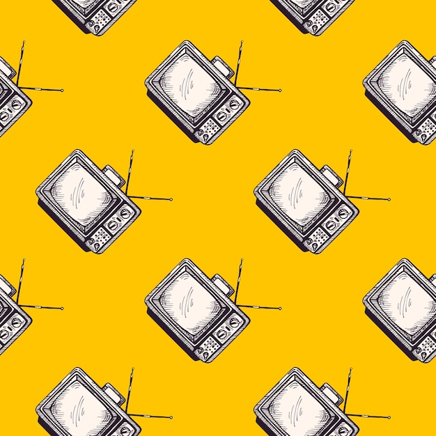 Vector retro tv with antenna engraved seamless pattern vintage television in hand drawn style