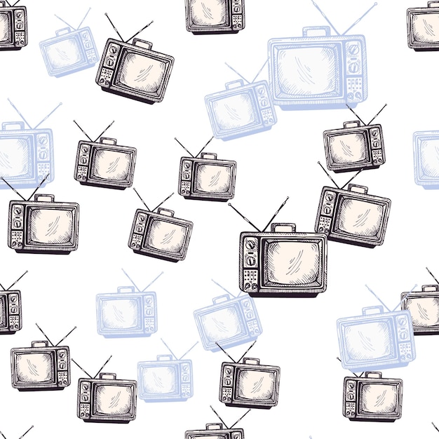 Retro TV with antenna engraved seamless pattern Vintage television in hand drawn style