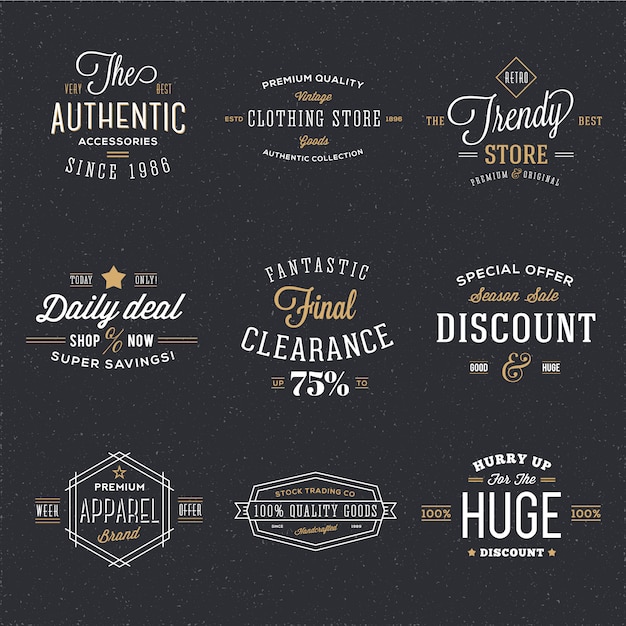 Vector retro typografie korting en verkoop logo sjablonen met vintage achtergrond