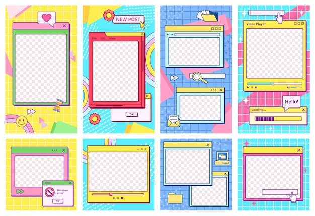 Retro UI post template Cool 90s aesthetic social media stories frames app window with groovy background vector set