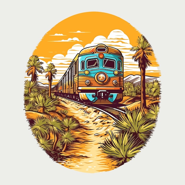 Retro Uitstekende trein met de t-shirtelement van de zonsondergangillustratie