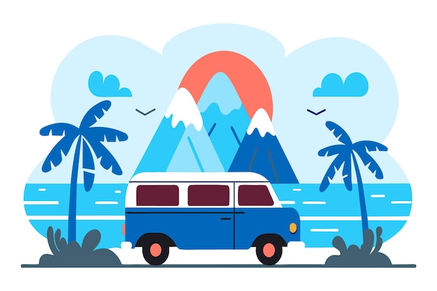 Retro van near the ocean with palms and mountains under a setting sun