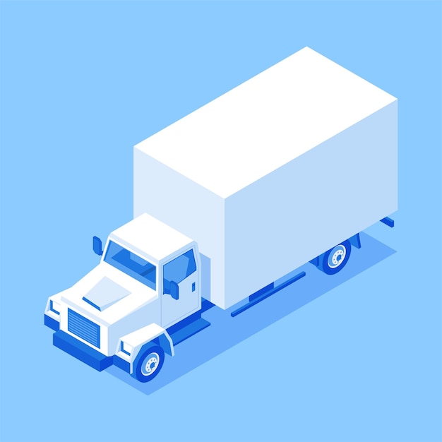 Retro van with cab and box container courier service commercial goods shipment automobile isometric vector illustration Vintage logistic distribution business cargo delivery transportation isolated