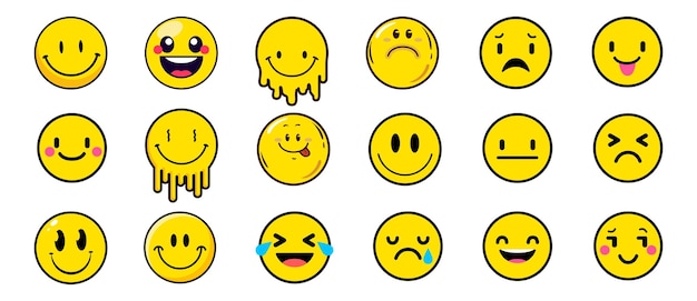 Vector retro vector flat emoticon big set funny cartoon yellow emoji and emotions icon collection mood and facial emotion icons vector illustration