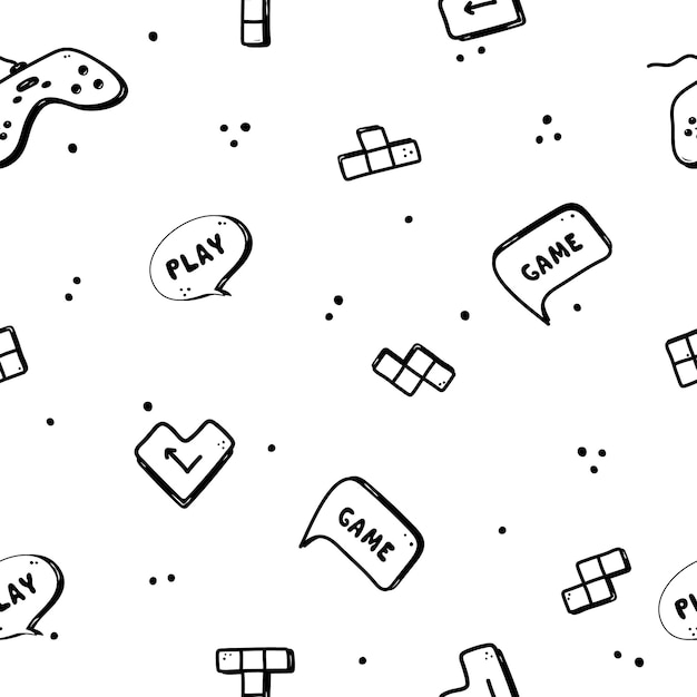 Retro vibe doodle pattern Video game hand drawn doodle seamless pattern Tetris console dialog cloud video element enter Computer retro arcade play background wallpaper pattern Vector illustration