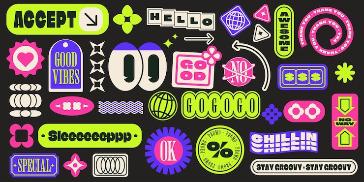 Retro Vibes 90sInspired Stickers Featuring a Balloon a Heart with Legs and a Joyful Flower Embr