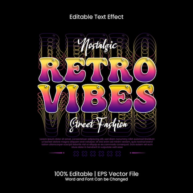 Retro Vibes T-셔츠 디자인 Street Wear 스타일 스택 라인 텍스트 효과 편집 가능