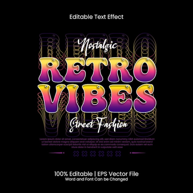 Дизайн футболки retro vibes стиль уличной одежды, текстовый эффект сложенной строки, редактируемый