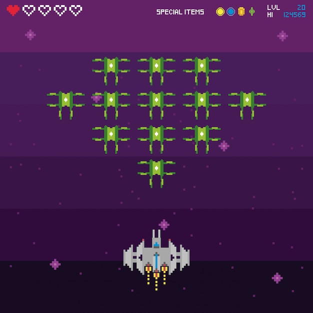 Vector retro video game space pixelated scene