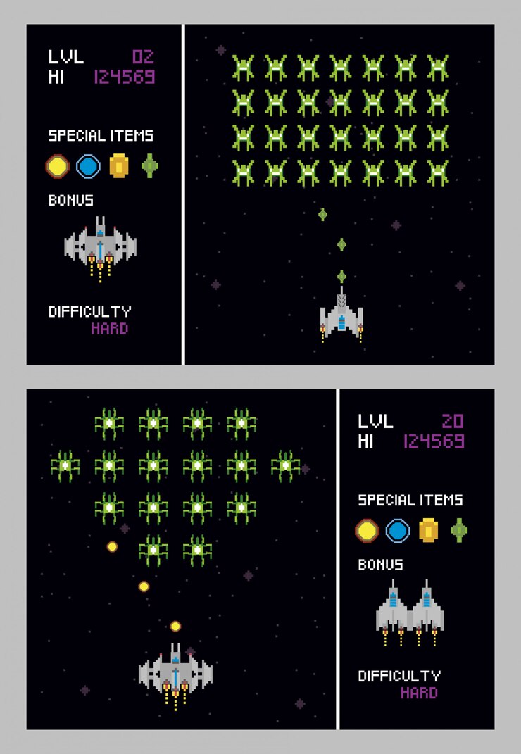 レトロなビデオゲーム空間のピクセル化されたシーン