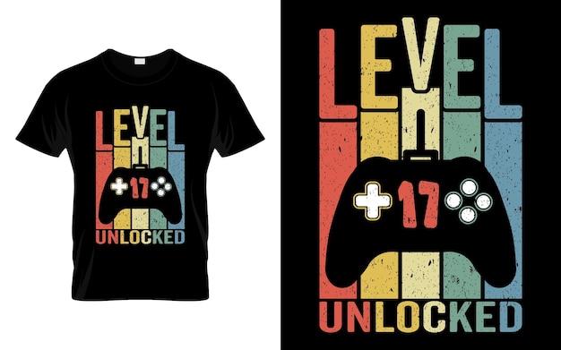레트로 빈티지 17번째 생일 레벨 17 잠금 해제 재미있는 비디오 게임 선물 벡터 티셔츠