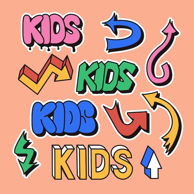 Retro vintage 90s and 2000s style set with word KIDS and different kind of arrows