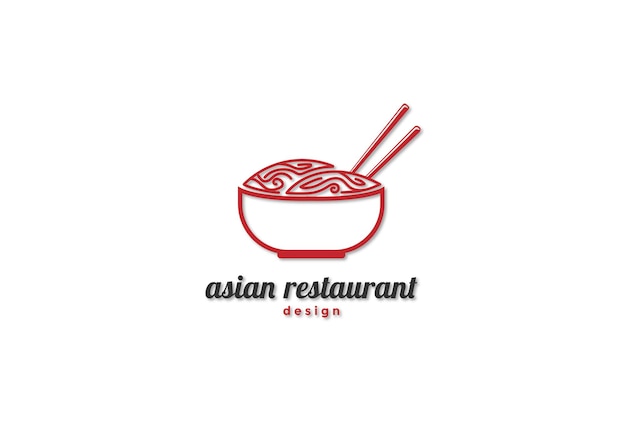 アジアの日本韓国オリエンタルレストラン食品ロゴデザインベクトルの麺箸とレトロなヴィンテージボウル