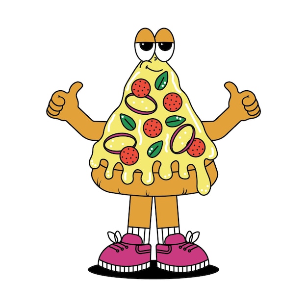 Vettore personaggio di cartoni animati retrò vintage pizza cuta mascotte sorriso psichedelico emozione vettore funky in groovy