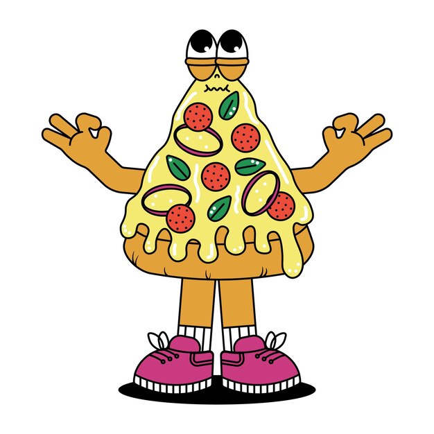 Vettore personaggio di cartoni animati retrò vintage pizza cuta mascotte sorriso psichedelico emozione vettore funky in groovy