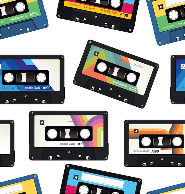 Retro vintage cassette tape seamless pattern.