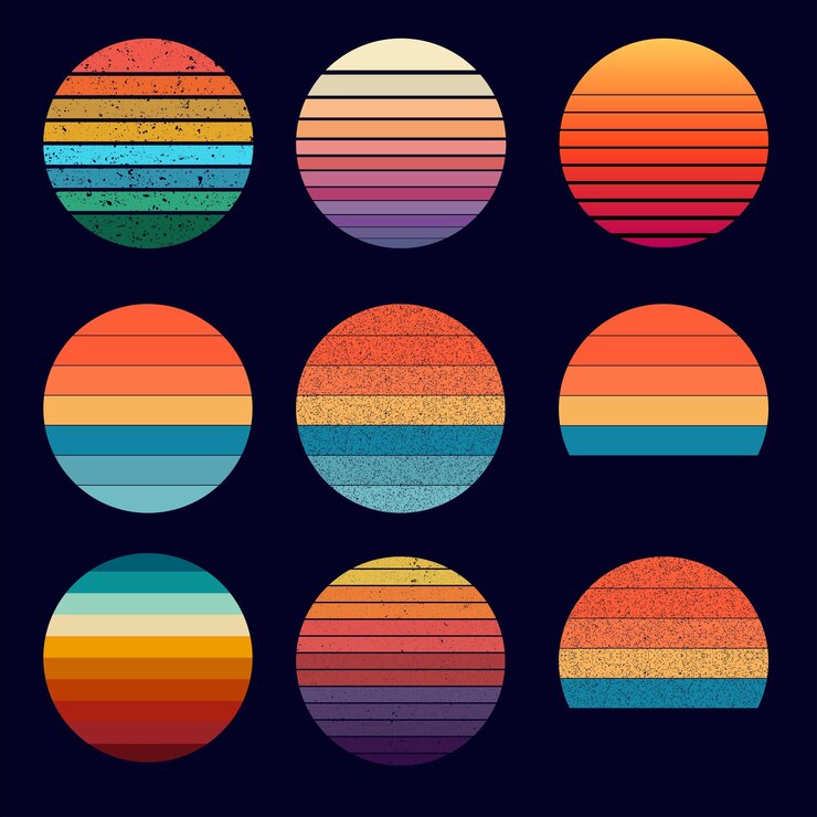 Vector retro vintage color background illustrations shape 9 piece set vintage sunset collection in 70s 80s