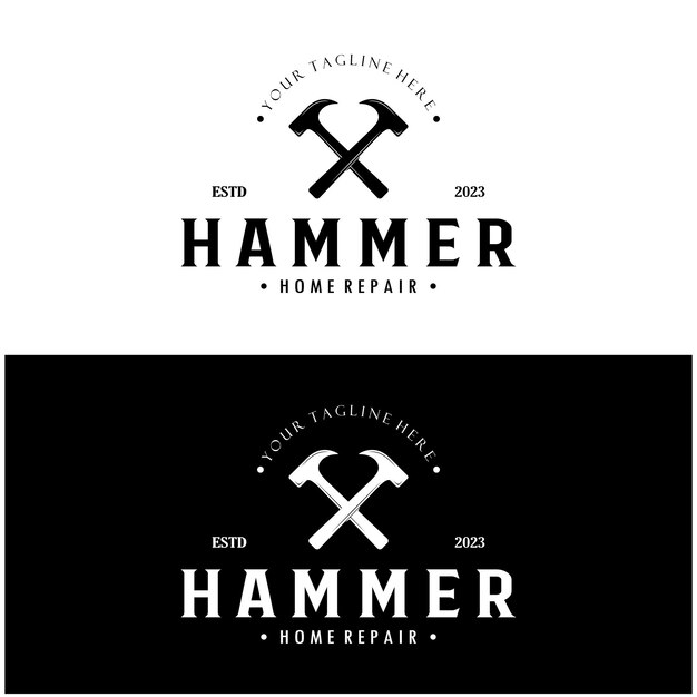 Vector retro vintage crossed hammer and nail logo for home repair services carpentry builders construction