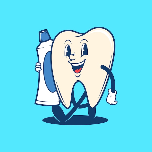 Retro vintage dental teeth holding toothpaste cartoon mascot logo illustration