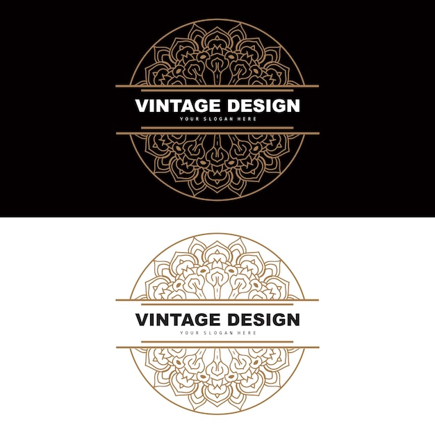 Retro Vintage Design Luxe Minimalistische Vector Ornament Logo Met Mandala En Batik Stijl Product Merk Illustratie Uitnodiging Banner Mode