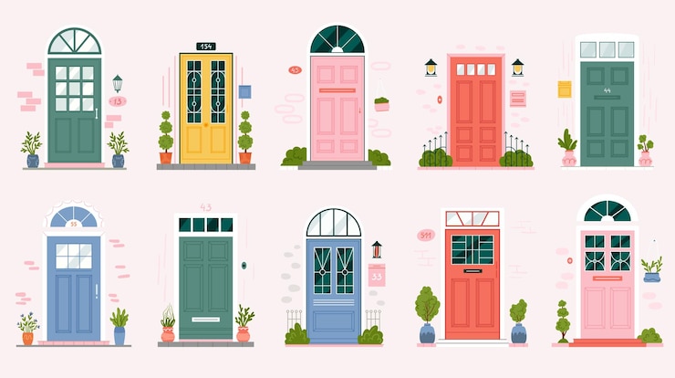 Vector retro vintage deur voor thuis appartement set verschillende roze blauwe en groene ingang