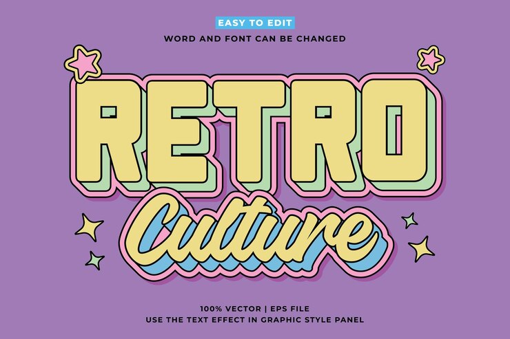 Vector retro vintage editable text effect retro culture 3d cartoon style premium vector