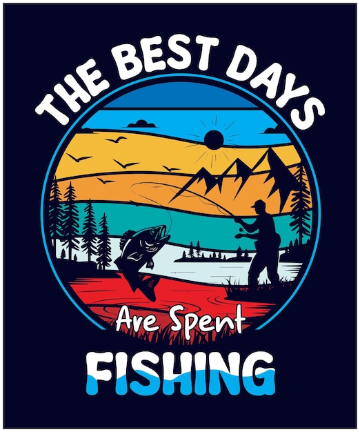 retro vintage fishing tshirt graphic sunset background vector silhouette