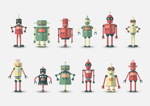 Retro vintage funny robot set icon in flat style on grey