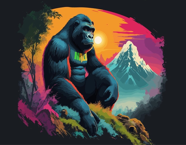 Retro vintage gorilla tee art Fotorealistische vector levendige kleuren iconische Mount Kinabalu achtergrond