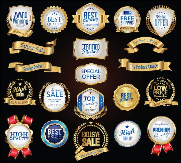 Retro vintage gouden en blauwe badges etiketten en linten