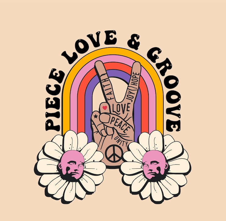 Vector retro vintage groovy stijl poster of t-shirt print ontwerpsjabloon met vredesgebaar en regenboog