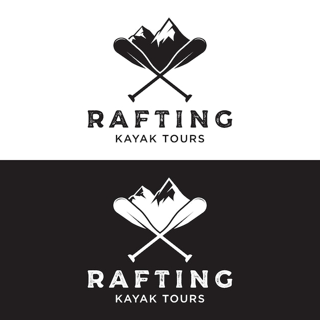 Retro vintage hipster-element van raften of kajakken logo met bergen en bosLogo voor rafting clubsportavontuur en badge