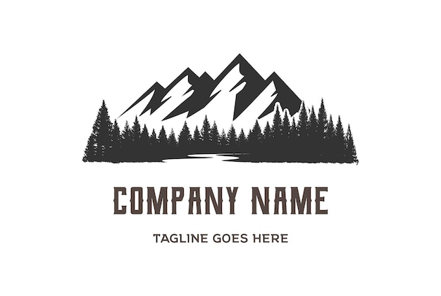 Retro vintage ice snow mountain en pine cedar spar conifer evergreen fir lariks cypress hemlock met creek river lake valley voor wilderness adventure logo design vector