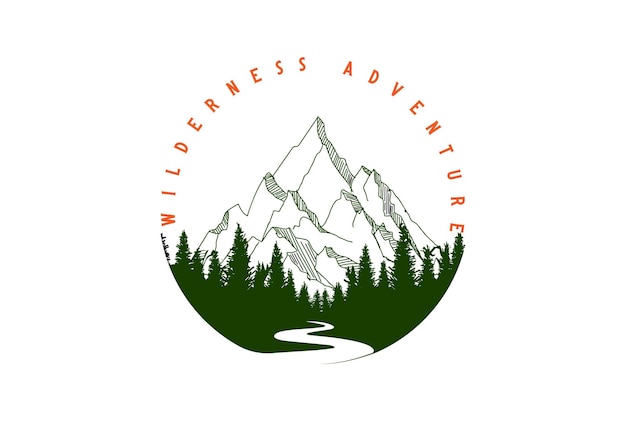 Retro vintage ghiaccio neve montagna e pino cedro abete rosso conifera sempreverde abete larice cipresso hemlock con creek river valley per wilderness adventure logo design vector