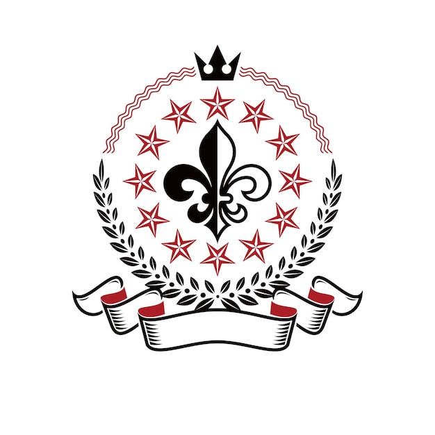 Vector retro vintage insignia composed using lily flower, imperial crown and pentagonal stars. vector royal quality idea design element, fleur-de-lis.