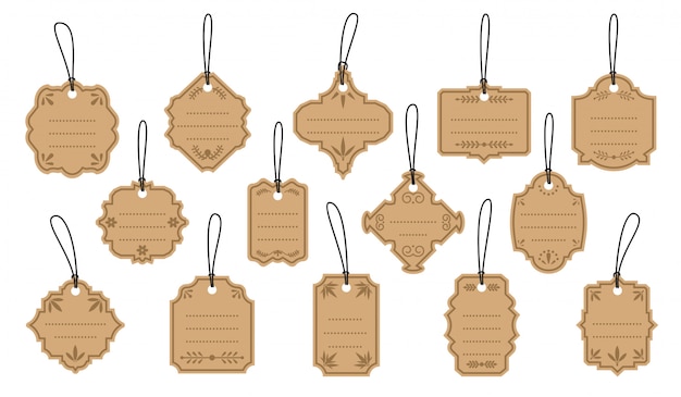 retro vintage labels on kraft tags set. template with dots for text. different shapes empty border menu sale price