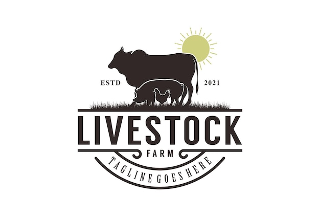 Дизайн логотипа Retro Vintage Livestock Коровья свинья и куриная векторная иллюстрация