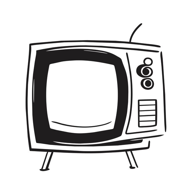Ретро-винтажный старый телевизионный телевизор, нарисованный вручную мультфильм, наклейка, иконка, изолированная иллюстрация