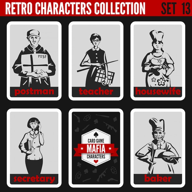 Retro vintage people silhouettes set. postman, teacher, housewife, secretary, baker professions illustrations.